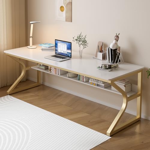 OSCHF Extra Long Desk with Bookshelf - 71" Double Long Writing Table for 2-Person Workstation, Modern Study Work Computer Desk for Home and Office, Gold - color: Gold + White, size: 71x23.6 inch
