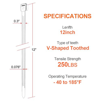 12 Inch V-Shaped Zip Ties Double Sided Toothed,250 LBS Tensile Strength Heavy Duty Cable Wire Ties With Self-Locking Adjustable More Durable Nylon Tie Wraps for Indoor Outdoor（50 Pack） - size: 12 inch 50 Pack （250 Lbs ）