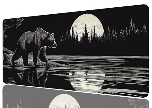 Bear Moonlight Mouse Pad Large Black Forest Lake Night Engraving Style Gaming Mouse Pad Mat with Stitched Edge Non-Slip Base Great for Work-from-Home or Office Use 31.5x11.8 Inch - color: Bear Moonlight