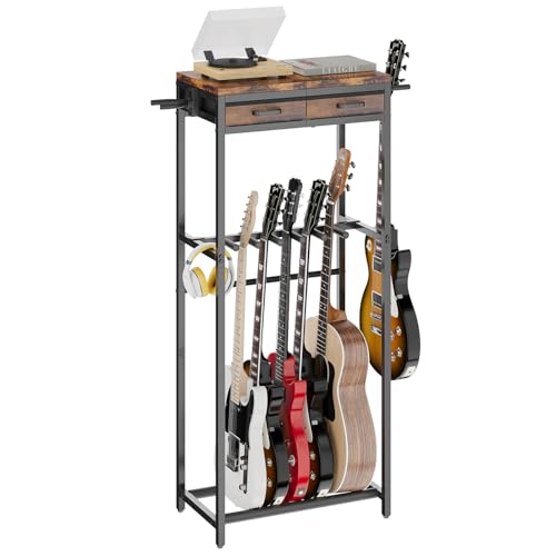 ELYKEN Guitar Stand, Guitar Rack with 2 Hangers and Storage Drawers for Guitar Accessories, Multiple Guitar Holder for Acoustic Electric Guitar, Bass, Instrument, Music Studio, Rustic Brown - color: Rustic Brown, size: 5-7 Guitars