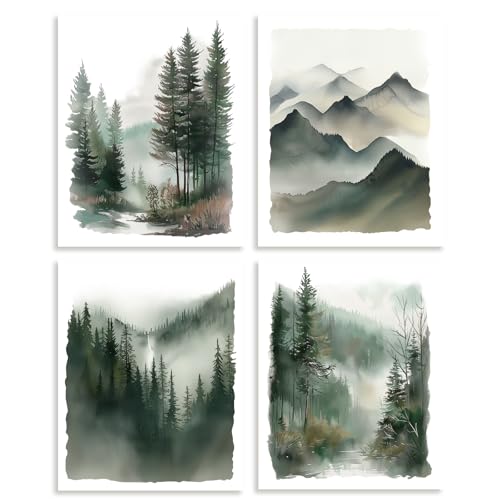 DOODLREAM 4 Pack Mountain Forest Unframed Waterproof Canvas Wall Relaxing Art Decor, 8" x 10" Watercolor Natural Landscape Canvas Wall Poster for Home Office Bathrooms Bedrooms Living Room Decor