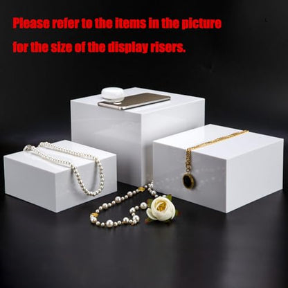 Clisela 3pcs Acrylic Cube Display Stands Box Risers White 6" 7" 8" | Food Risers for Buffet Table w/Hollow Bottoms, Decorative Display Stand Shelf for Dessert Collectibles Jewelry Figures Show - size: (6,7,8)"- White