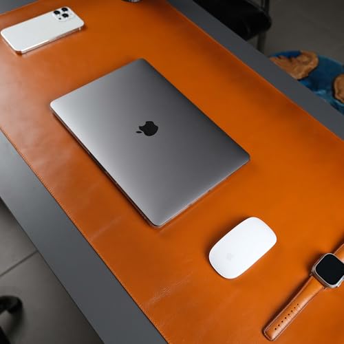 Jersey Genuine Calfskin Leather Desk Pad, Office Desk Mat with Non-Slip Bottom, Smooth Surface for Mouse & Keyboard, Desk Protector (36x19 inches) (Tan) - color: Tan