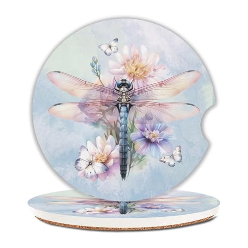 Dragonfly Car Coasters Set of 2 for Cup Holder 2.63" Absorbent Ceramic Cup Coaster Non-Slip Cork Base Drink Coasters with Finger Notch Car Accessories Interior for Women Men - color: Dragonfly