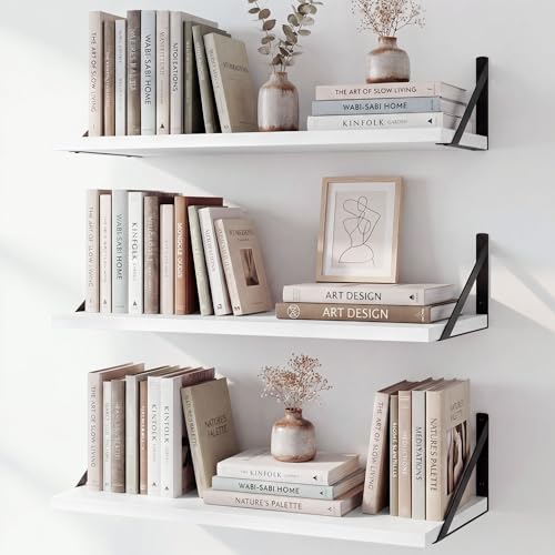 Fun Memories Floating Bookshelves, Set of 3 Wall-Mounted Wood Shelves 24" W x 8" D, Decorative Wall Shelf for Living Room, Bedroom, Bathroom, and Laundry Room (White) - color: White, size: 24"W x 8"D
