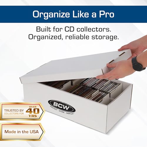 BCW CD Storage Box with Lid - 3 Pack | Holds 100 Jewel Cases | CD Organizer Case with 4 Compartments | Corrugated Storage Bin for Home & Retail | Compact Box for Jewel Case Storage