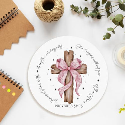 Coquette Pink Bow Cross Christian Mouse Pad, Mouse Pads for Desk, Proverbs 31 Woman Gifts, Religious Bible Verse Mousepad for Office Dorm Computer Laptop Gaming, 8.7x8.7 Inch - color: bow4