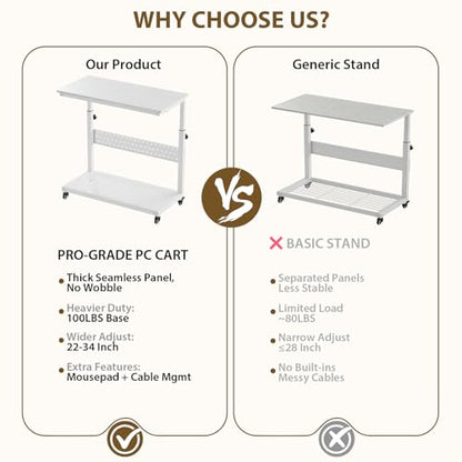 Garvee PC Computer Tower Stand with Wheels, 2-Tier Adjustable CPU Holder Cart, Rolling Mobile Desk Stand with Cable Management & Hooks, Small Side Table for Home Office/Gaming, White - color: White