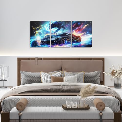 Modern Race Car Wall Art Lightning Wolf Animal Canvas Wall Art Set of 3 for Kids Boys Teen Watercolor 3D Cool Racing Car Poster Prints Rainbow Extreme Sports Decor,12x16 - color: Black Blue Yellow