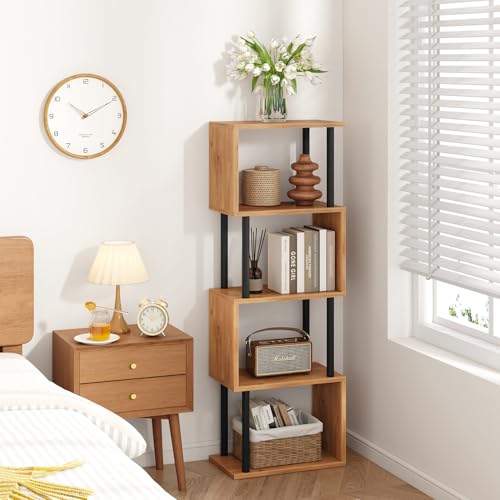 IBUYKE 5-Tier Tall Bookshelf,S-Shaped Geometric Bookcase, Wood Display Shelves with Storage,Modern Bookshelf for Living Room Bedroom, Home Office,Oak WBC015K - color: Oak, size: 5 Tier
