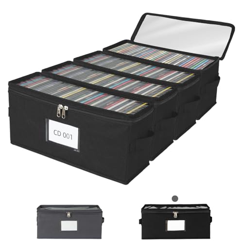 4 Pack Fabric CD Storage Box with Clear PVC Lid, Holds 35 Standard CD Cases, Zipper Closure for Dust Protection, Portable CD Organizer for Music Collection, Black - color: Black, size: Standard-4 Pack
