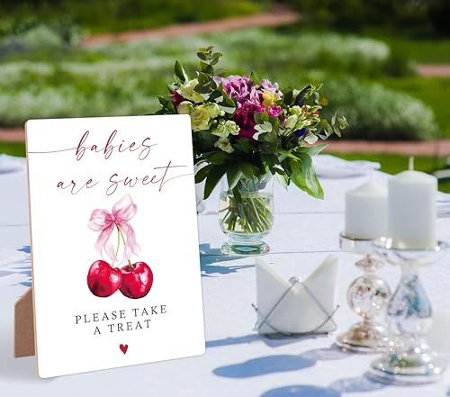 Cherry Baby Shower Signs for Reception, Pink Bow Babies Are Sweet Please Take A Treat Sign, Berry Wooden Signs with Stand, Pink Bow Theme Gender Reveal, Newborn Announcement Party Supplies, 13 - color: Cheery13