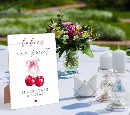 Cherry Baby Shower Signs for Reception, Pink Bow Babies Are Sweet Please Take A Treat Sign, Berry Wooden Signs with Stand, Pink Bow Theme Gender Reveal, Newborn Announcement Party Supplies, 13 - color: Cheery13