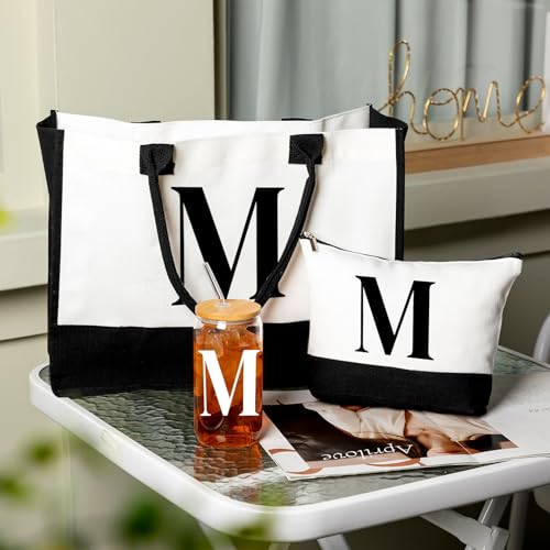 Aliceset Initial Gifts for Women Monogram Canvas Tote Bag and Makeup with Zipper and Initial Glass Coffee Cup Gifts for Her - style: Letter M