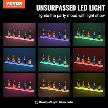 VEVOR LED Lighted Liquor Bottle Display, 1 Tier 40 Inch Wall Mounted Whiskey Rack Stand, 1 Step Commercial Illuminated Home Bar Shelf, Acrylic Drinks Light Shelves with RF Remote & App Control - size: 1 Step 40 Inches