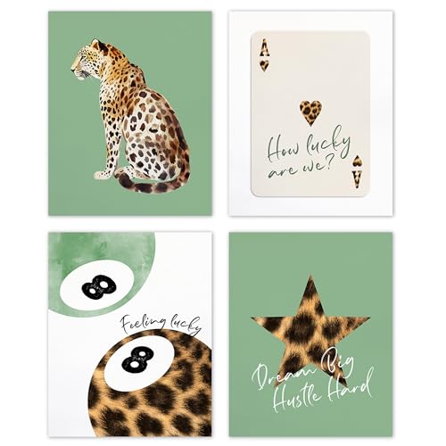 TLESKE Sage Green Preppy Cheetah Leopard Posters Prints Unframed 8x10 Set of 4, Sage Green Trendy Lucky 8 Balls Wall Art Prints Decor for Teen Girls Dorm Bedroom, Retro Cheetah Print Wall Pictures - color: sage green cheetah, size: 10L" x 8W"