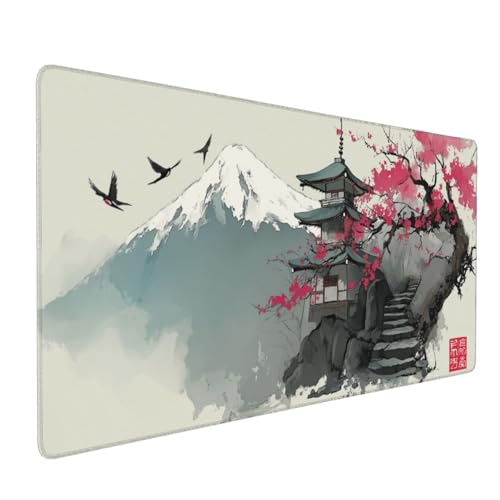 Japanese Pagoda Mouse Pad, Large Extended Gaming Desk Mat, Mount Fuji Cherry Blossom Design, Soft Cloth Surface with Rubber Base, 35.4in x 15.7in - color: Fuji Cherry Blossom