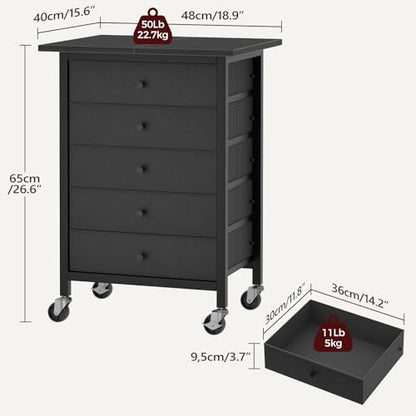 MAHANCRIS 5 Drawer File Cabinet,Rolling Filing Chest Cabinet with Wheels, Under Desk Storage Organizer, Printer Stand with Non-Woven Fabric Drawer, for Home Office, Study, Black FCBK4801 - color: Black