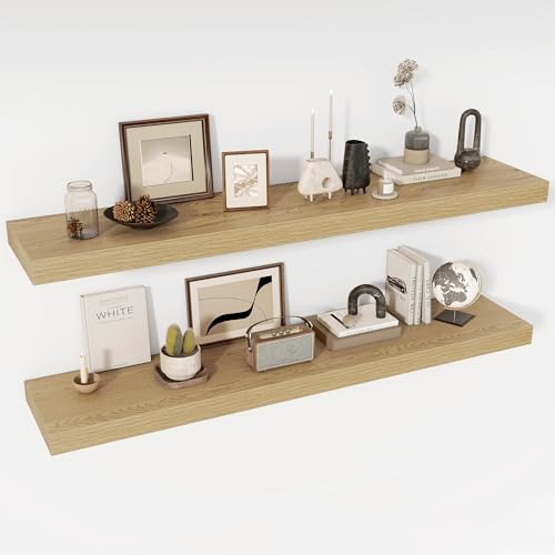 Acovy 55 Inch Floating Shelves, 12" Deep Floating Shelf Wall Mounted, 55" Wall Shelves, Rustic Deep Bookshelf, Extra Deeper & Thicker Display Shelves for Bedroom, Living Room, Oak, Set of 2 - color: Oak, size: 12"Wx55"L-2pcs