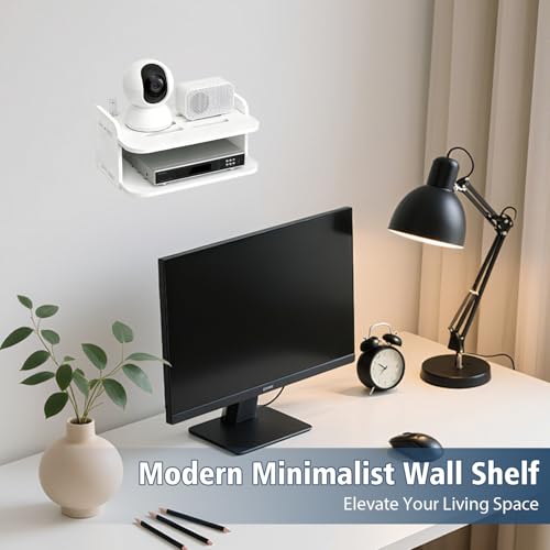 Tissting WiFi Router Floating Shelves White Wall Mount Under TV Shelf 30 x 20 x 15 cm Set Top Box Stand No Punch Game Console Rack for Living Room Bedroom