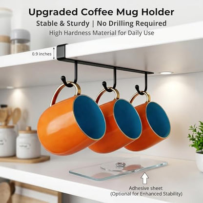 Black Clip-On Under Cabinet Mug Holder with 3 Storage Hooks | Fits boards ≤0.9", rustproof, holds mugs, utensils, scarves for kitchen RV storage - color: Black
