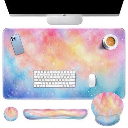 Arttown Iridescent Cloud Desk Mat Cute Mouse Pad Set 4 in 1 Colorful Starry Sky Ergonomic Design Large Desk Pad + Keyboard Wrist Rest + Mouse Wrist Rest + Coaster Suitable for Home Office Study Game - color: Iridescent Cloud
