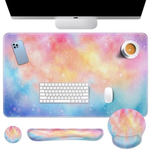 Arttown Iridescent Cloud Desk Mat Cute Mouse Pad Set 4 in 1 Colorful Starry Sky Ergonomic Design Large Desk Pad + Keyboard Wrist Rest + Mouse Wrist Rest + Coaster Suitable for Home Office Study Game - color: Iridescent Cloud