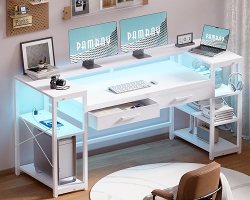 Pamray 58 Inch Computer Desk with Monitor Stand and Shelves Gaming Desk with LED Lights & Power Outlets PC Vanity Table with 2 Drawers for Home Office White - color: White