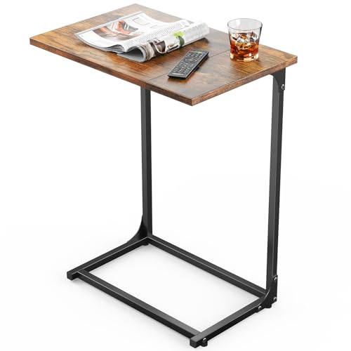 Pipishell C-Shaped Side Table, C Table for Sofa with Two-Piece Desktop & Metal Frame, Large Surface End Table for Living Room, Bedroom, Beside, and Home Office, Rustic Design - color: Vintage Rustic Brown