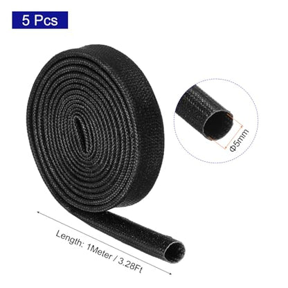 MECCANIXITY 5Pcs Wire Insulation Braid Fire Sleeve,3.28Ft-5mm ID Black, High Temp Silicone Coated Fiberglass Sleeving for Automotive Hose Lines Electrical Wiring - color: Black, size: 3.28Ft-5mm