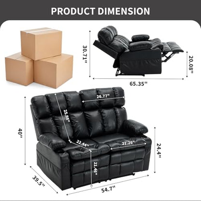 Loveseat Recliner Sofa with Massage & Heat, Wall Hugger Reclining Love seat with Adjustable Headrest, RV Double Recliner Couch with Cup Holders, Side Pockets, Home Theater Seating, Black - color: Black, size: Loveseat