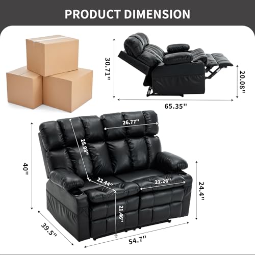 Loveseat Recliner Sofa with Massage & Heat, Wall Hugger Reclining Love seat with Adjustable Headrest, RV Double Recliner Couch with Cup Holders, Side Pockets, Home Theater Seating, Black - color: Black, size: Loveseat