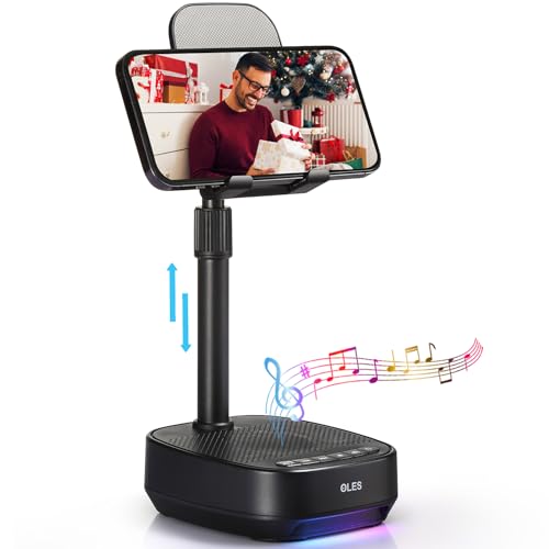 OLES Gifts for Men Women, Adjustable Cell Phone Stand with Wireless Bluetooth Speaker(7-11''Height), Unique Birthday Gift for Dad Mom Him, Phone Holder Led Color Light for iPhone/Android/Tablets - color: Black