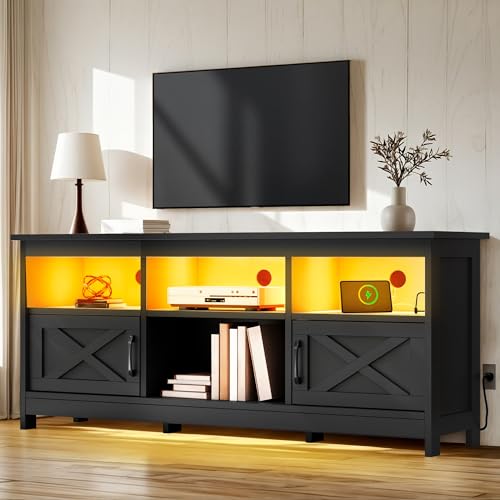 YITAHOME TV Stand for 65 Inch TVs, Entertainment Center with Storage Cabinets, Power Outlet & LED Light, Media TV Console with Barn Doors for Living Room, Black - color: Black, size: 59"W