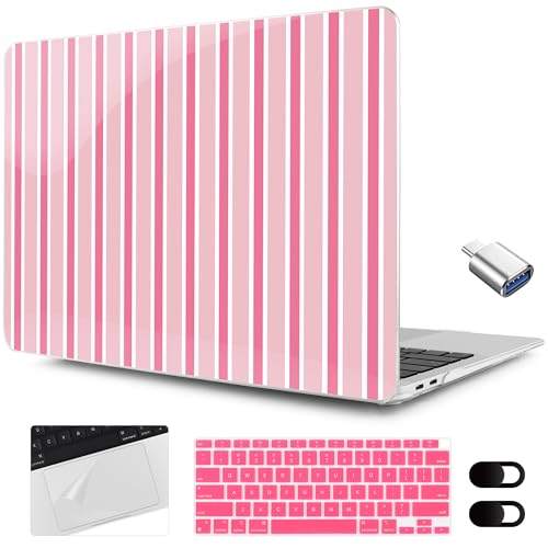 MEEgoodo for MacBook Air 13.3 inch Case 2021 2020 2019 2018 A2337 M1 A2179 A1932, Laptop Shell for MacBook Air M1 with Keyboard Webcam Cover & Trackpad Film & Type C Adapter, Light Pink&White Stripes - color: Light Pink&White Stripes