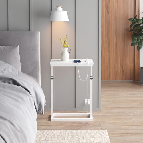 TUTOTAK End Table with Charging Station, Side Table, Tall Couch Table, Sofa Table, Living Room, Bedroom,White TB01BW084 - color: White, size: 1 Pack, style: With Plug