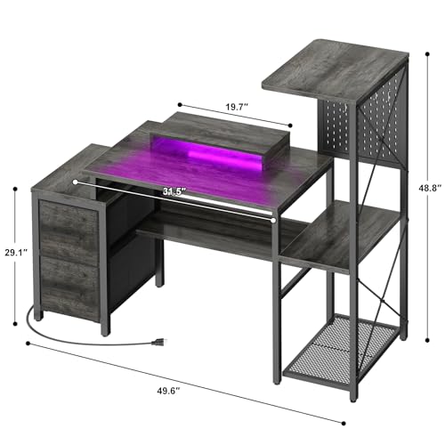 Small Gaming Desk with 2 Fabric Drawers - Reversible Computer Desk with Power Outlet & LED Lights, 49" Office Desk with Monitor Stand & Storage Shelves, Writing Study Table with Pegboard, Grey Oak - color: Grey Oak