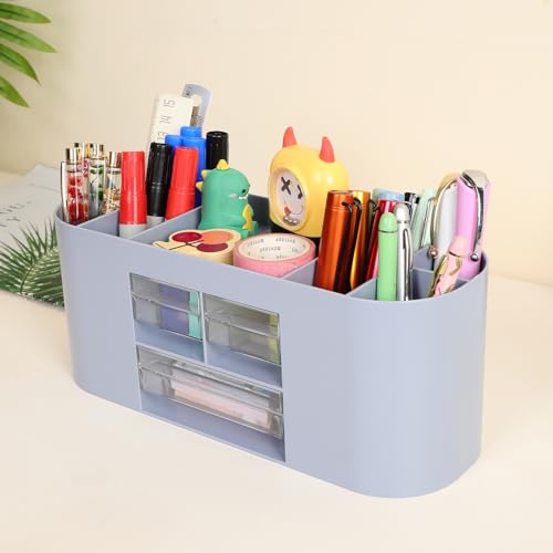 INSTOME Pencil Pen Holder for Desk with 3 Drawers - All-In-One Desk Organizer - Perfect Desk Accessories for Office Use - Stylish & Convenient Desk Organizers and Accessories (Blue) - color: Blue