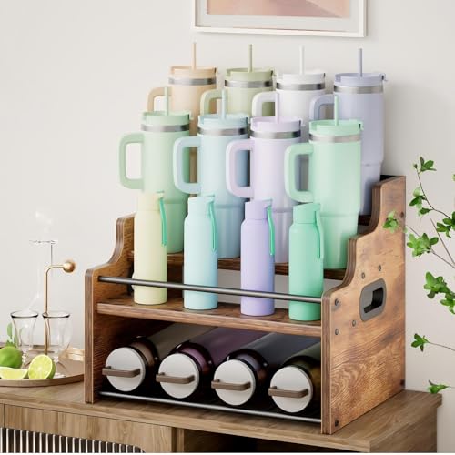 4-Tier Wood Display Shelf Wine Rack for 16 Bottles Wood Coffee Syrup Organizer with Handles Home Whiskey Shelf Retro Mini Liquor Cabinet Spice Rack Coffee Bar Shelves, Brown - color: Brown