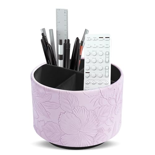 Round Leather Art Supply Organizer,Remote Control Holder,360 Degree Spinning,Multi-Functional Pencil Holder,4 Compartments Desktop Stationary Organizer(1-Carved Purple) - color: 1-Carved Purple