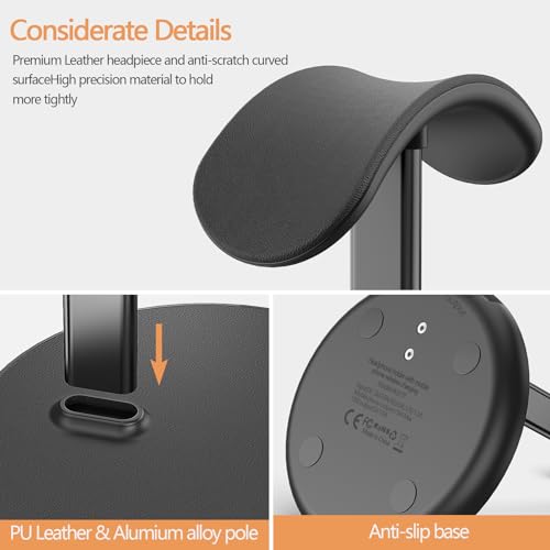 Headphone Stand with Wireless Charger, Gaming Headset Holder Hanger Rack 2 IN 1 Wireless Charging Station Dock for iPhone 15/14/13/12/11 Series, Samsung, AirPods Pro/3/2 and Desk All Headphones, Black - color: A-Black