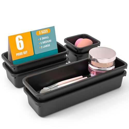 6 PCS Drawer Organizer Set, 3 Size Makeup Drawer Divider Organizer With Non-Slip Pads, Interlocking Plastic Storage Bins for Office,Jewelry Vanity,Gadgets, Bathroom,Kitchen, Black - color: Black, size: 6Pack