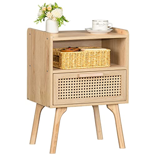 Lerliuo Rattan Nightstand, Boho Side Table with Drawer Open Shelf, Cane Accent Bedside End Table with Solid Wood Legs for Bedroom, Dorm and Small Spaces (Natural) - color: Natural, size: 1 pack