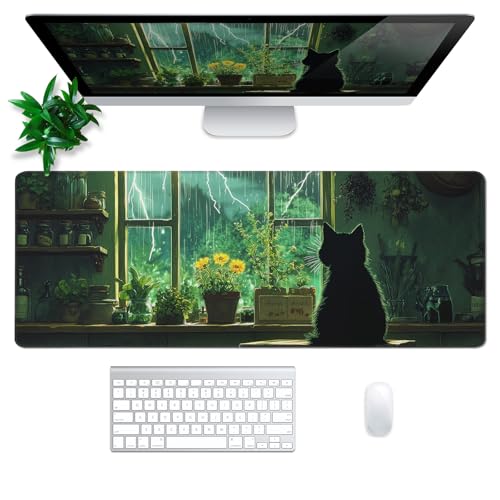 Green Black Cat Mouse Pad Abstract Green Mouse Pad 31.5x11.8 Inch Cat Texture Non-Slip Rubber Base Large Mousepad Stitched Edges Keyboard Mouse Mat Desk Pad for Office and Home - color: Green black cat