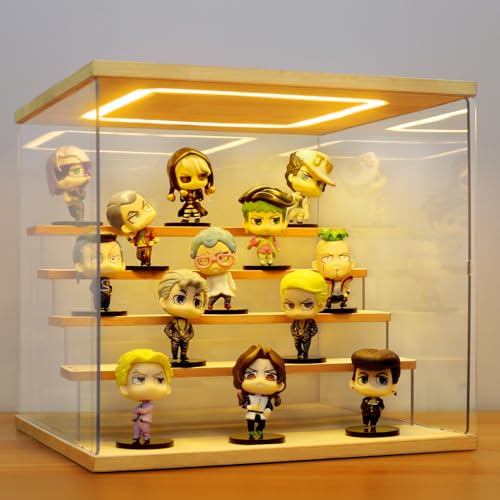 Clear Acrylic Display Case with Light , 5 Tier Display Box Stand Assembly Dustproof Protection Showcase for Collectibles Action Figures (12.6×12.2×11.8in; 32×31×30cm) - color: Wood with light, size: 5 Tier 12.6×12.2×11.8in; 32×31×30cm