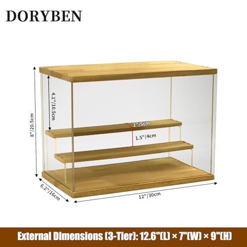 Acrylic Display Case with Adjustable LED Light, 3 Tier Clear Display Box Dustproof Showcase for Action Figures, Collectibles and Mini Toys, Assembly Display Cabinet(Wood 12.5×6.7×9in) - color: Wood, size: 3 Tier 12.5×7×9in
