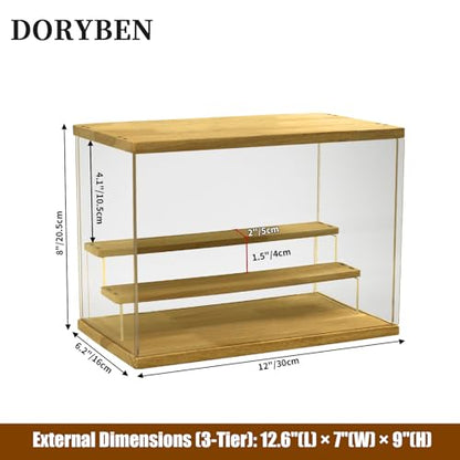 Acrylic Display Case with Adjustable LED Light, 3 Tier Clear Display Box Dustproof Showcase for Action Figures, Collectibles and Mini Toys, Assembly Display Cabinet(Wood 12.5×6.7×9in) - color: Wood, size: 3 Tier 12.5×7×9in