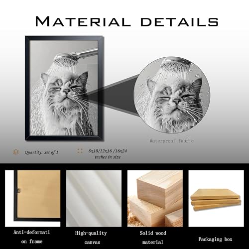 XYHYRA Cute Cat Bathroom Decor Funny Animal Bathroom Wall Art Cat Bathing Wall Decor Poster Painting Black and White Canvas Print Artwork Modern Farmhouse Restroom Home Decoration 12x16 Inch Wood Framed - color: Black and White Animation-E, size: 16"L x 1