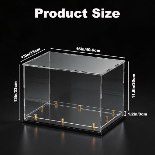 Acrylic Display Case for Collectibles, Dustproof Acrylic Box with Clear Display Elevation & Gold Risers, Large Display Case for Figures Toys Memorabilia, 16" L x 13" W x 13" H - size: 16"L x 13"W x 13"H