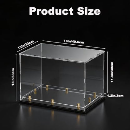 Acrylic Display Case for Collectibles, Dustproof Acrylic Box with Clear Display Elevation & Gold Risers, Large Display Case for Figures Toys Memorabilia, 16" L x 13" W x 13" H - size: 16"L x 13"W x 13"H